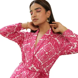 Pink Yarrow Printed Coord Set Highlighted With A Belt Flared Kurta With Short Pants kurta Set Women Two piece pant Suit Set