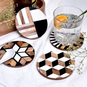 Ensemble de sous-verres ronds uniques en bois et résine avec incrustation géométrique moderne pour mariage et cadeau à domicile - Product Image 6