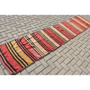 Alfombra de lana turca Vintage diseño de retazos rojo y amarillo moderno tejido plano de 23x11,6 pies para decoraciones de sala de estar respaldo de látex - Product Image 2