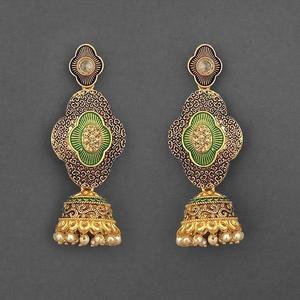 Kriaa Fine Dangle Earrings Gold Plated Stone and <b>Green</b> Meenakari Matte Dangler Model 1312047E - Product Image 1