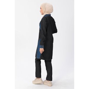 Ensemble décontracté deux pièces en jean avec fermeture éclair, comprenant un haut de sport long et un bas mi-long, coupe régulière, 100 % coton, idéal pour l'été - Product Image 5