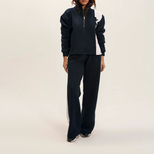 Conjunto Deportivo de Contraste al por Mayor, Top con Cierre de Cremallera de un Cuarto en Azul Marino y Blanco con Pantalones de Corte Holgado, Sudadera Elegante para Comodidad Casual - Product Image 5