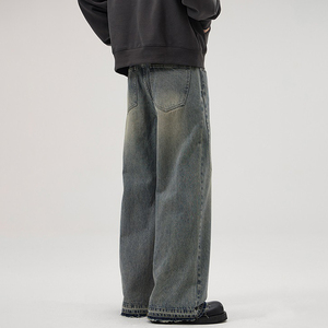 กางเกงยีนส์ไมโครเอวลอยผู้ชายระดับไฮเอนด์วินเทจผ้า100% คอตตอนทรงหลวมสไตล์สตรีทถักขอบกลางกลางกลางกลางจากการซัก - Product Image 4