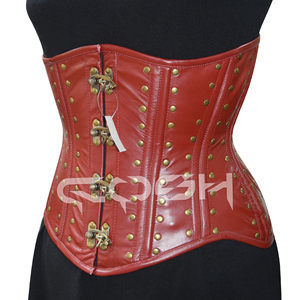 Tenue d'entraînement à la taille corset en cuir véritable bordeaux avec goujons all-over - Product Image 4
