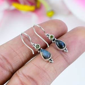 Pendientes de Plata de Ley con Labradorita y Topacio Azul, Piedras Preciosas Naturales en Forma de Pera y Redondas, Joyería Elegante para Mujer - Product Image 1