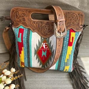 กระเป๋าถือทรงอานม้าแบบตะวันตกที่ทำด้วยมือมีสายคาดตัวทำจากหนังแอซเทคมีหลายสีแนววินเทจกระเป๋าถือด้านบน - Product Image 1