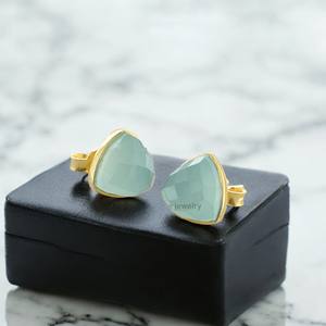 925 Sterling Silver Natural Aqua Chalcedony Stud <b>Earrings</b> Handmade Faceted Gemstone Jewelry Gold Plating <b>Fine</b> <b>Dangle</b> Statement - Product Image 2