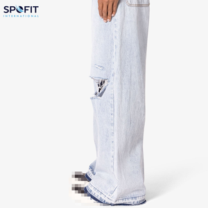 กางเกงยีนส์ขายาวแบบลำลองแนวไฮสตรีทสีพื้นระบายอากาศได้มีกระดุมกระเป๋าผ้าเดนิมทำจากผ้าฝ้าย100% - Product Image 3