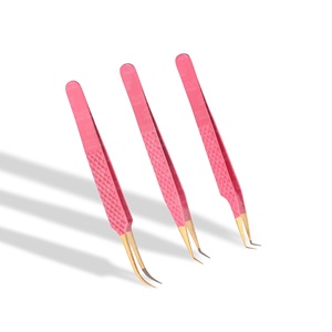 Pinces à épiler pour extensions de cils en acier inoxydable allemand, ultra-précises, non magnétiques, sans interstices, avec pointe en fibre, poignée diamantée, pointe rose, dorées - Product Image 3
