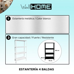WELL HOME Étagère en métal blanc 75x30x150 cm avec 4 étagères - Product Image 2