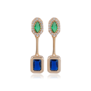 Boucles d'oreilles en zircon saphir et émeraude verte à découpe géométrique, bijoux fins faits à la main, vente en gros de bijoux turcs - Product Image 6