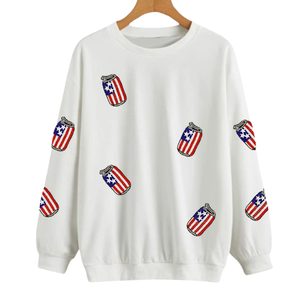 Parches únicos Sudadera blanca con cuello redondo y algodón de rizo Sudaderas del Día Nacional de EE. UU. para mujeres y niñas - Product Image 1