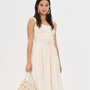 Vestido Midi informal para mujer de alta calidad 100% algodón y lino suelto cuello en V y sin mangas dulce y para otoño recién llegado - Product Image 1