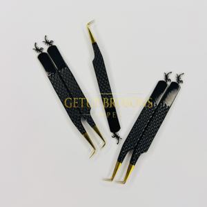 Pince à épiler pour extensions de cils en acier inoxydable noir avec pointe dorée, antistatique, durable, pointe lisse, 10 mm - Product Image 1