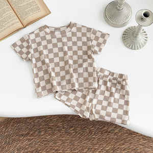 Trajes de verano para niños pequeños, camiseta con patrón de cuadrícula de cuello redondo + pantalones cortos de cintura elástica, ropa de conjunto de 2 uds, manga corta informal para bebés y niños - Product Image 3