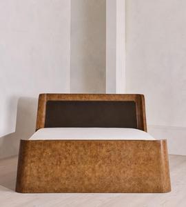 Custom Mid‑Century Modern <b>Platform</b> <b>Bed</b> Curved Burl Wood Veneer <b>Frame</b> Velvet Upholstered Headboard Solid Wood <b>Bed</b> For Bedroom - Product Image 3