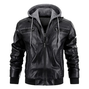Chaqueta de cuero para hombre, chaqueta de motocicleta ajustada con capucha, abrigo de PU, ropa informal a prueba de viento para otoño e invierno, sombrero desmontable para hombre - Product Image 1