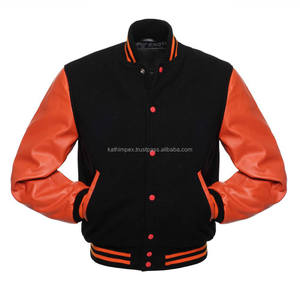 Chaqueta universitaria unisex disponible, chaqueta universitaria personalizada en negro y naranja, cuerpo de lana, Mangas de cuero, botón a presión, primavera de lona - Product Image 1