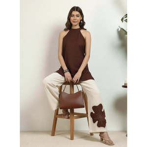 Deebaco Women's Crepe <b>2</b> <b>Piece</b> Co-ord <b>Set</b> Full Length Loose Fit Sleeveless Halter Top And Embroidered Pants Casual Spring Summer - Product Image 1