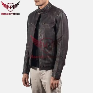 <b>Mens</b> Real <b>Brown</b> <b>Leather</b> <b>Jacket</b> Distressed Stand Collar Zip Chest Pockets Sheepskin Biker Coat Custom Vintage Winter Outerwear - Product Image 3