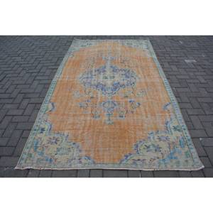 Alfombra turca Vintage, diseño de retazos naranja y azul, 5,1x8,9 pies, tejido plano de lana con respaldo de látex para decoraciones de sala de estar - Product Image 1
