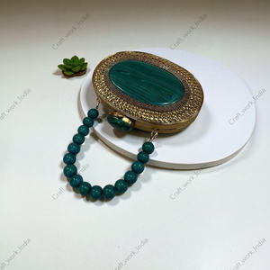 Oval Malachite Gemstone Panel Clutch with Beaded Stone Handle <b>Gold</b> Tone Metal Frame Handmade Luxury Statement <b>Bag</b> for wedding - Product Image 2