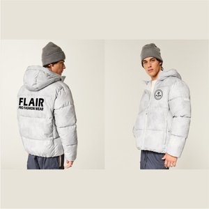<b>Men's</b> High Quality Denim <b>Puffer</b> <b>Jacket</b> Vintage Style Hooded Collar Front Embroidered Logo Solid Pattern Winter Closure Zipper - Product Image 1