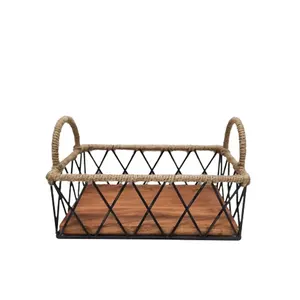 Set Of 2 Iron Jute & Acacia Wood Rectangle Basket Black & Natural Colour Small Size Modern Design For Kitchen & Home Decoration
