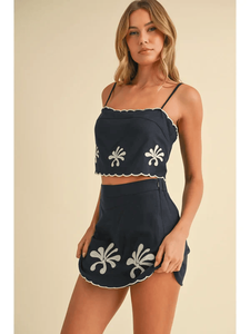 Excellente qualité Vintage Beige Floral brodé genou 100% coton écologique respirant séchage rapide ensemble 2 pièces Shorts élégant - Product Image 2