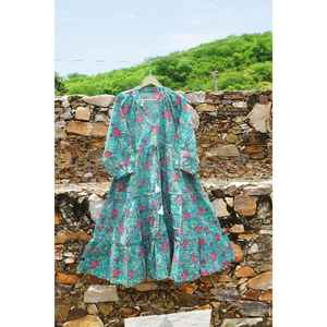 Vestido Midi Boho de Algodón Indio con Estampado en Bloques, Cuello en V, Botones y Mangas Abullonadas - Product Image 4