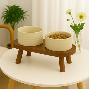 Vietnam Elevated Stand <b>Ceramic</b> Feeder Acacia Wood Base Non-Skid Bottom Pet Bowl Durable Design - Product Image 2
