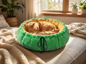 Cama Redonda Premium para Gatos Amistar ForestGold XL – Peluche Sintético Verde Brillante e Interior Dorado Cálido, 102 cm - Product Image 6