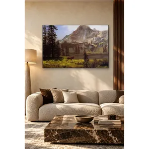 Impression sur toile de cerf de Fida Bierstadt au bord d'un lac de montagne - Product Image 1