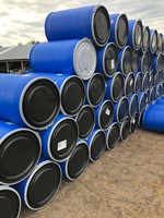 Baril en plastique HDPE de qualité alimentaire, carré/cylindrique, 200 litres/55 gallons, à ouverture supérieure, bleu, avec cerclage en fer