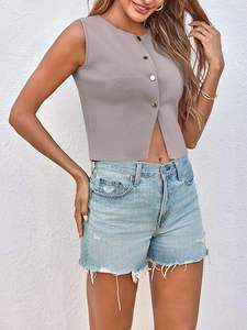 Débardeurs et T-shirts d'été pour femmes, mignons, respirants, avec logo frontal, col trou de serrure, sans manches, tricotés, style mode décontracté, modèle 2026 - Product Image 5