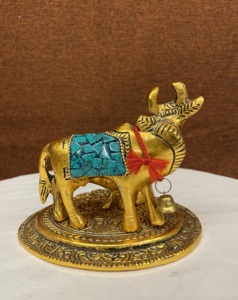 Statue de vache avec mollet de 4 pouces, décoration indienne artisanale, travail de pierre pour cadeau de retour, cadeaux antiques en métal - Product Image 5