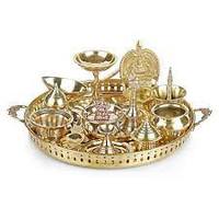 Ensemble de Pooja en acier inoxydable massif indien, design moderne, fait main, cloche décorative en laiton, finition dorée, couvercle anti-corrosion, pour cadeaux