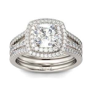 Ensemble de bagues de fiançailles Jeulia Double Halo avec moissanite taille coussin en argent sterling - Product Image 3