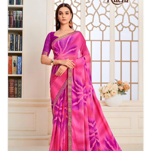 Saree de seda de gasa pura India estilo Bollywood de diseñador con borde de encaje de lujo y pieza de blusa, Sari de color hermoso - Product Image 1