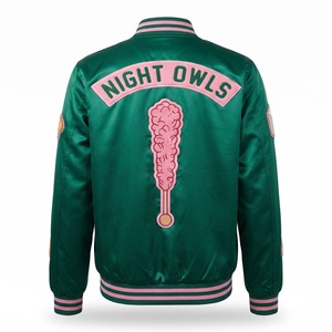 Blouson Bomber en Satin Personnalisé pour Homme, Rose Émeraude, Patchs en Chenille, Doublure par Sublimation, Logo Personnalisé, OEM, Streetwear - Product Image 2