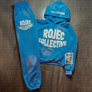Streetwear personnalisé pour hommes, survêtement lourd avec broderie dégradée, pantalon de survêtement vintage délavé à l'acide, ensemble de sweat à capuche, survêtement avec strass - Product Image 1
