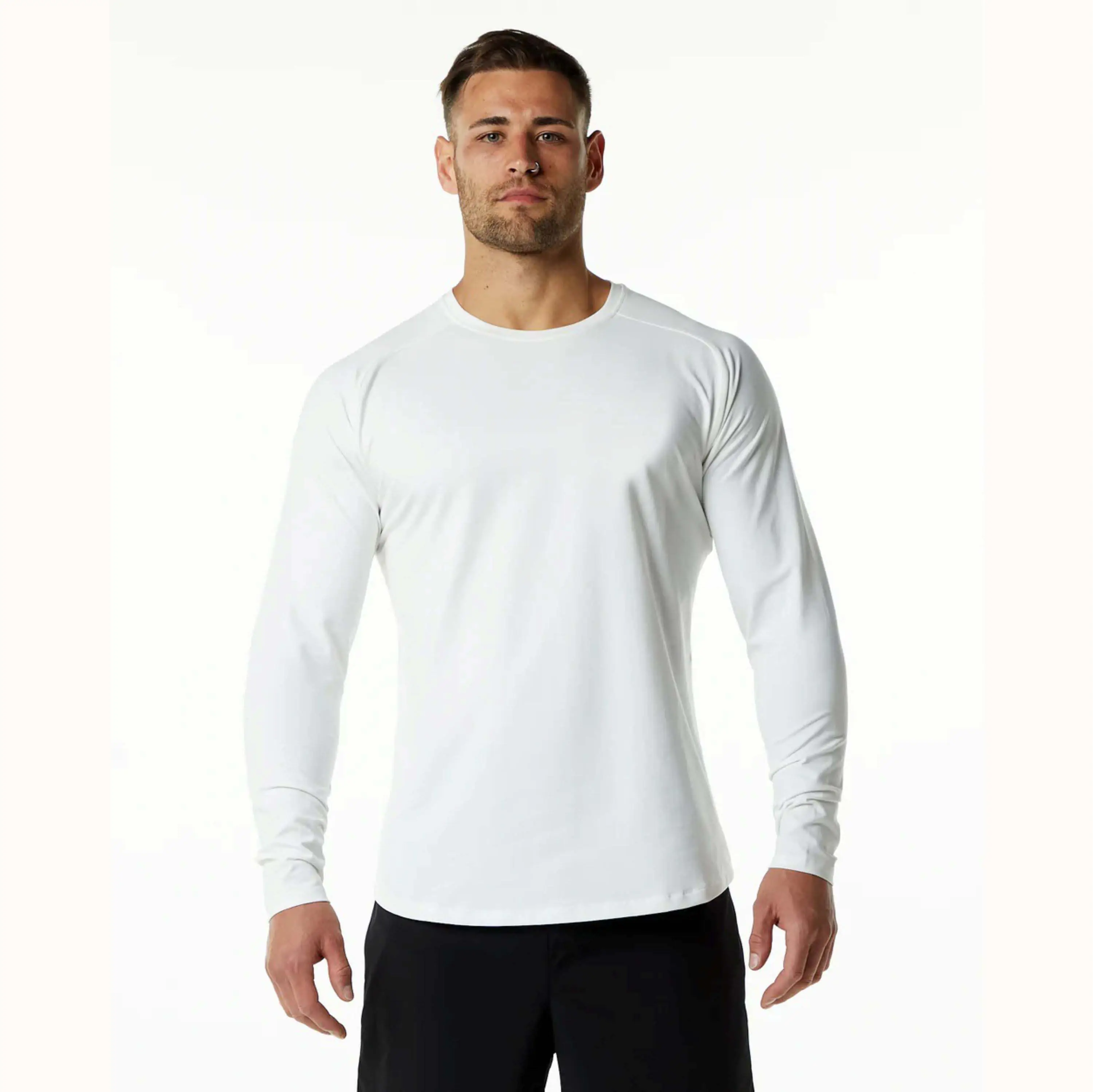 94% Cotton 6% Spandex Saddle Sleeve Cut Tapered Fit Crew Neck Scoop Hem White Mens Fitted Performance Long Sleeve T-Shirt