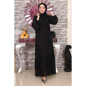 Robe de soirée longue en mousseline de soie avec dentelle, taille naturelle, col rond, coupe trapèze, manches bouffantes, 100% coton, taille XS - Product Image 1