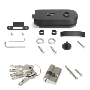 Serratura per porta in vetro Emuca 8-12mm con telaio in legno a cilindro e chiavi per acciaio e alluminio - Product Image 1