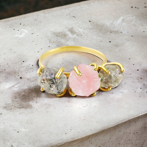 Trois Pierre Prong Réglage Herkimer Diamant Rose Quartz Anneau Pierre De Naissance Naturelle Anneaux Bruts En Vrac 925 Argent - Product Image 1