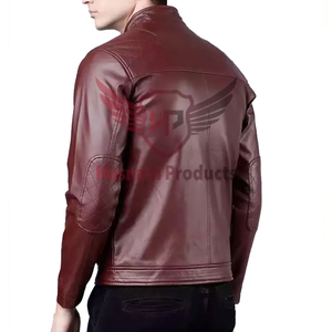 <b>Mens</b> Real Maroon Leather <b>Jacket</b> Quilted Shoulder Band Collar Sheepskin Burgundy Cafe Racer Coat Custom Biker Winter Outerwear - Product Image 4