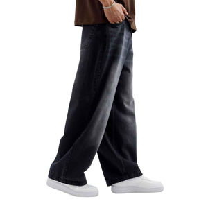Jean en denim délavé coupe large pour homme, en coton mi-lourd, coupe décontractée, style automne, couleur unie noir - Product Image 2