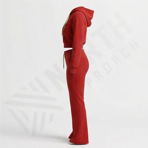 Mode d'hiver, survêtement à jambes évasées à manches longues, haut court à capuche pour femmes, logo personnalisé imprimé, 100% coton molletonné, couleur personnalisée - Product Image 3