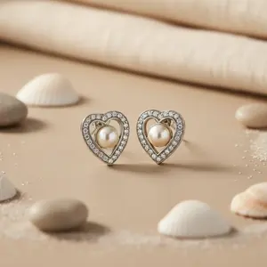 Women's <b>Silver</b> Heart <b>Pearl</b> Stud <b>Earrings</b> Jewelry Gift Product Category - Product Image 2
