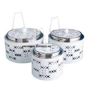 Juego de tres ollas de metal con acabado blanco Cazuela hecha a mano de calidad superior Vajilla de forma redonda Calentador de alimentos de metal de lujo - Product Image 1